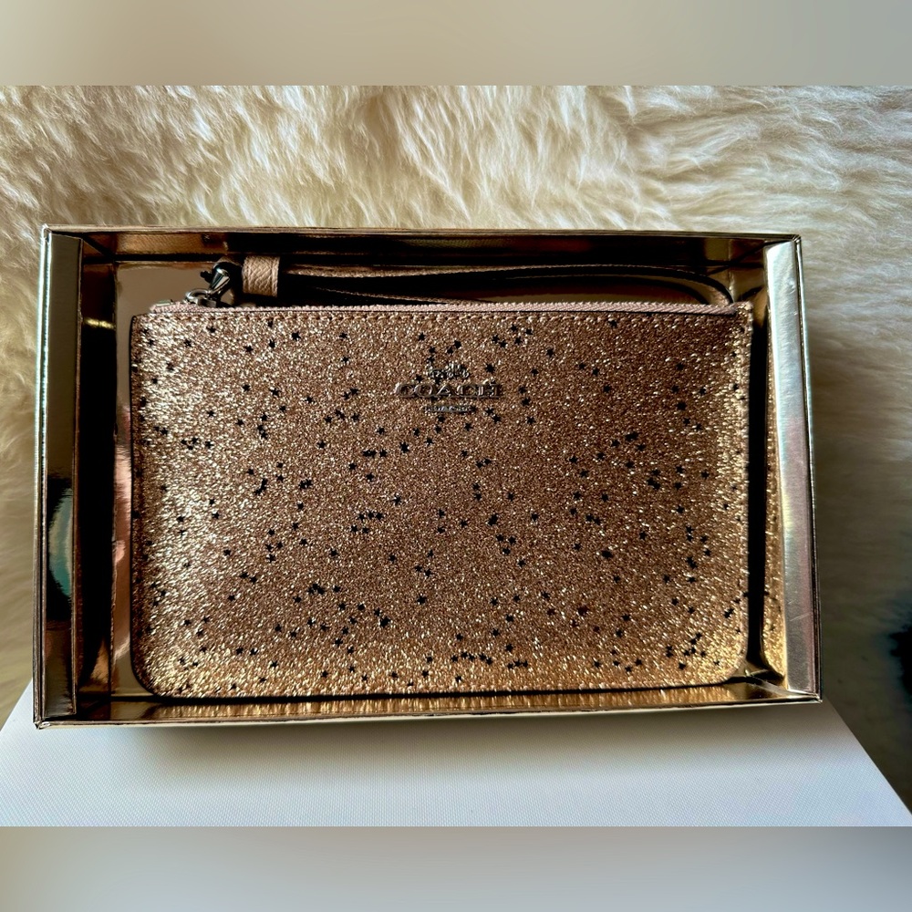 Authentic NWT Coach Rose Gold with Silver Glitter Wristlet Wallet Clutch Pouch